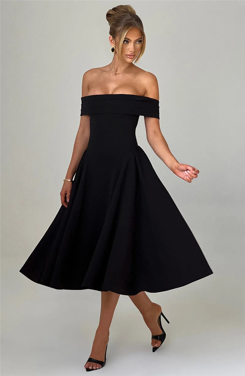 Off-Shoulder Flare Midi Dress Mssaz Desses