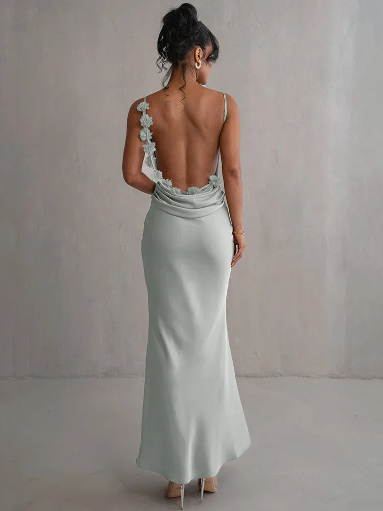 Floral Draped Open Back Spaghetti Strap Maxi Dress Mssaz Desses