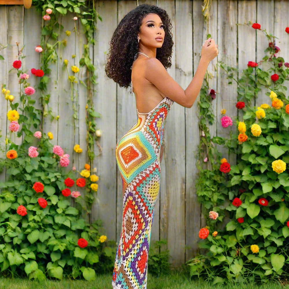 Handmade Crochet Knitted Multi Color Long Dress Mssaz Desses