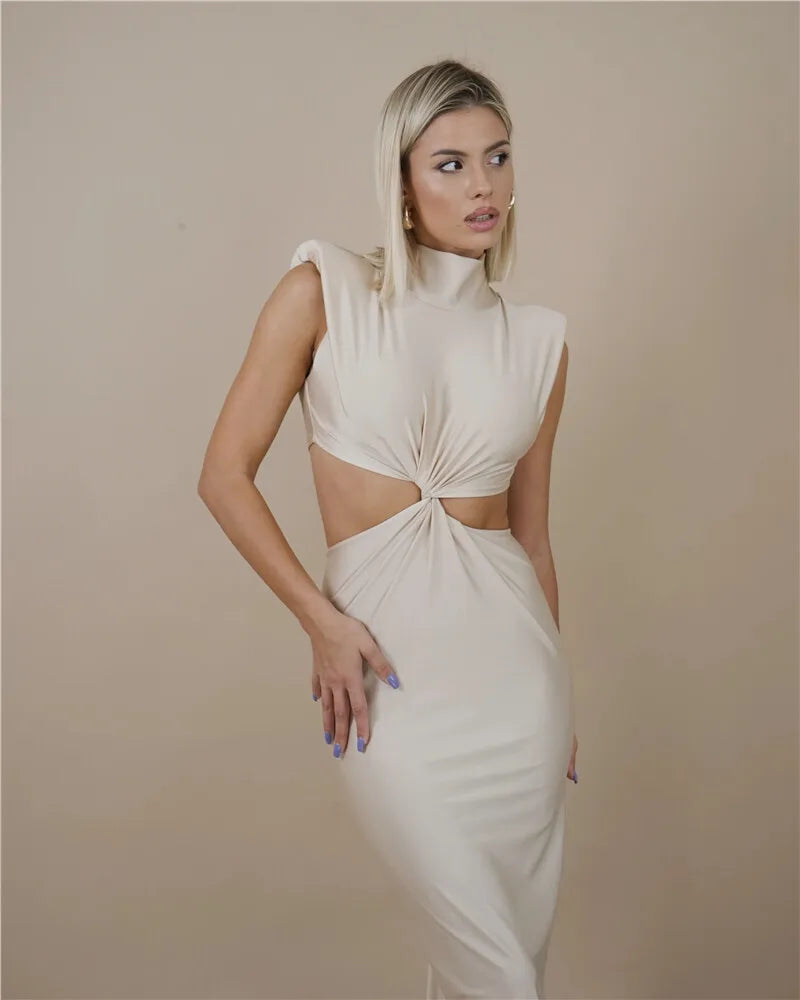 Hollow Out Turtleneck Solid Maxi Dress Mssaz Desses