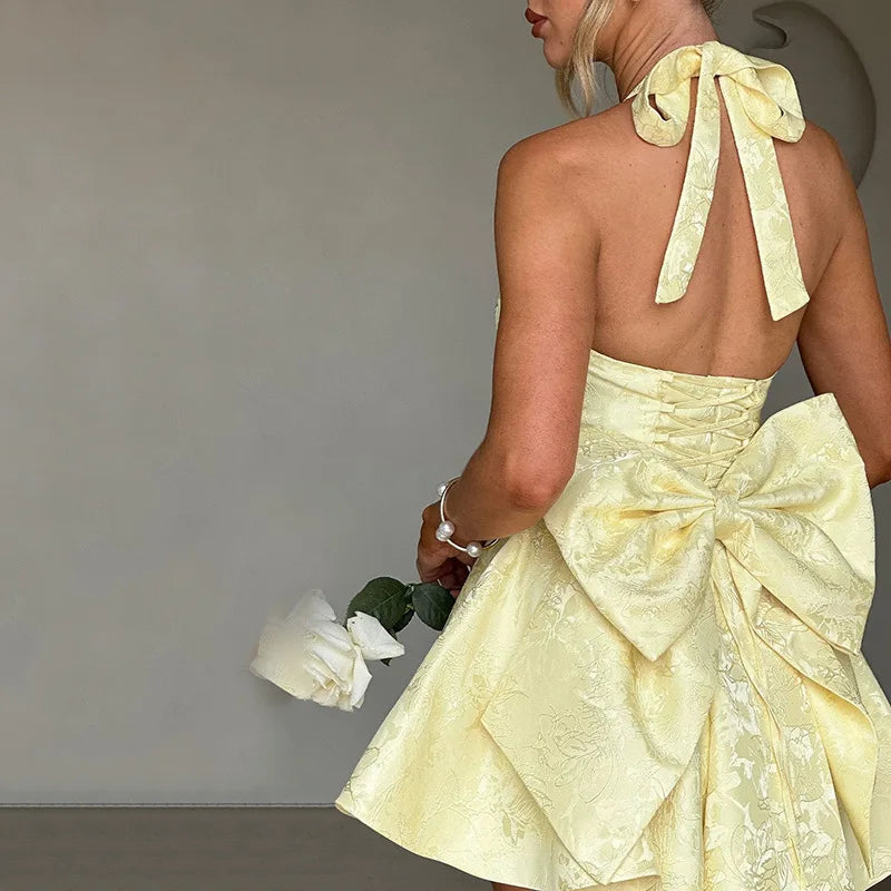 Bow Deep V Halter Backless A-line Dress Mssaz Desses