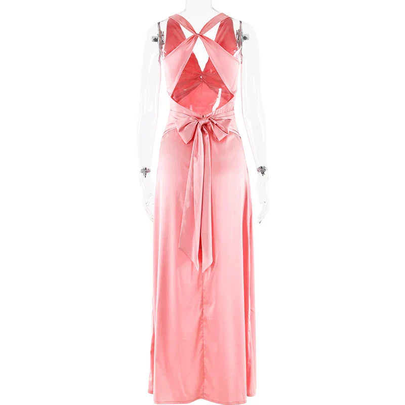 V Neck Sleeveless Satin Bow Backless Maxi Dress Mssaz Desses