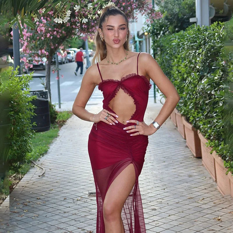 Mesh Patchwork Hollow Out Ruffled Long Dress Mssaz Desses