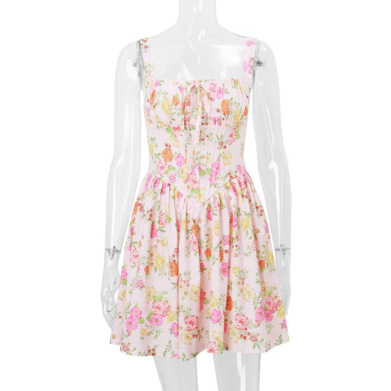Flower Printed Open Back A-line Corset Mini Dress Mssaz Desses