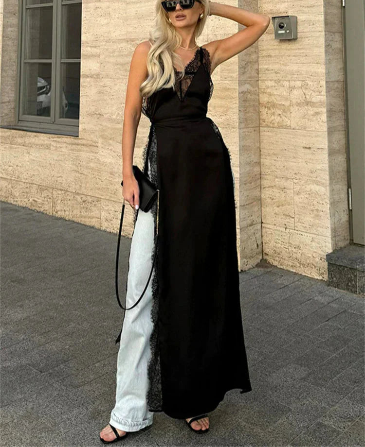 Lace Satin Patchwork High Split Maxi Dress Mssaz Desses