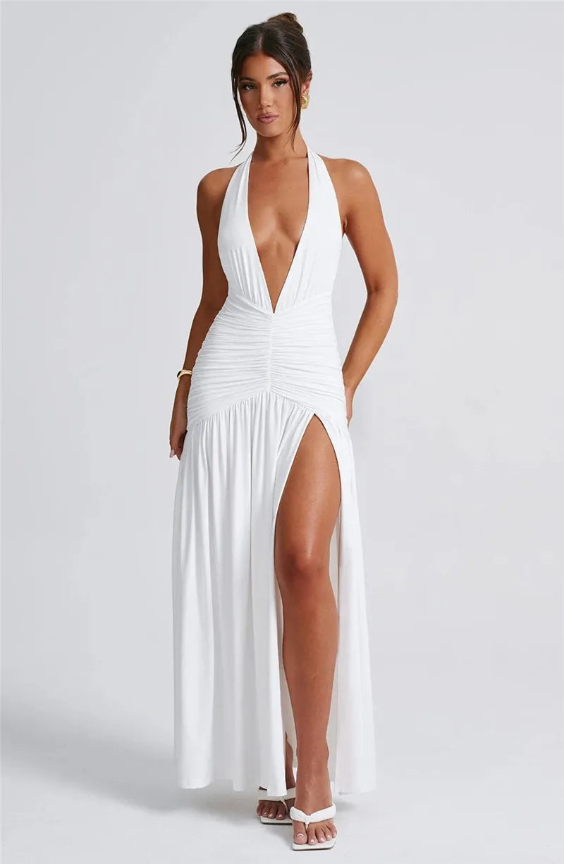 Open Back Solid Thigh High Split Long Dress Mssaz Desses