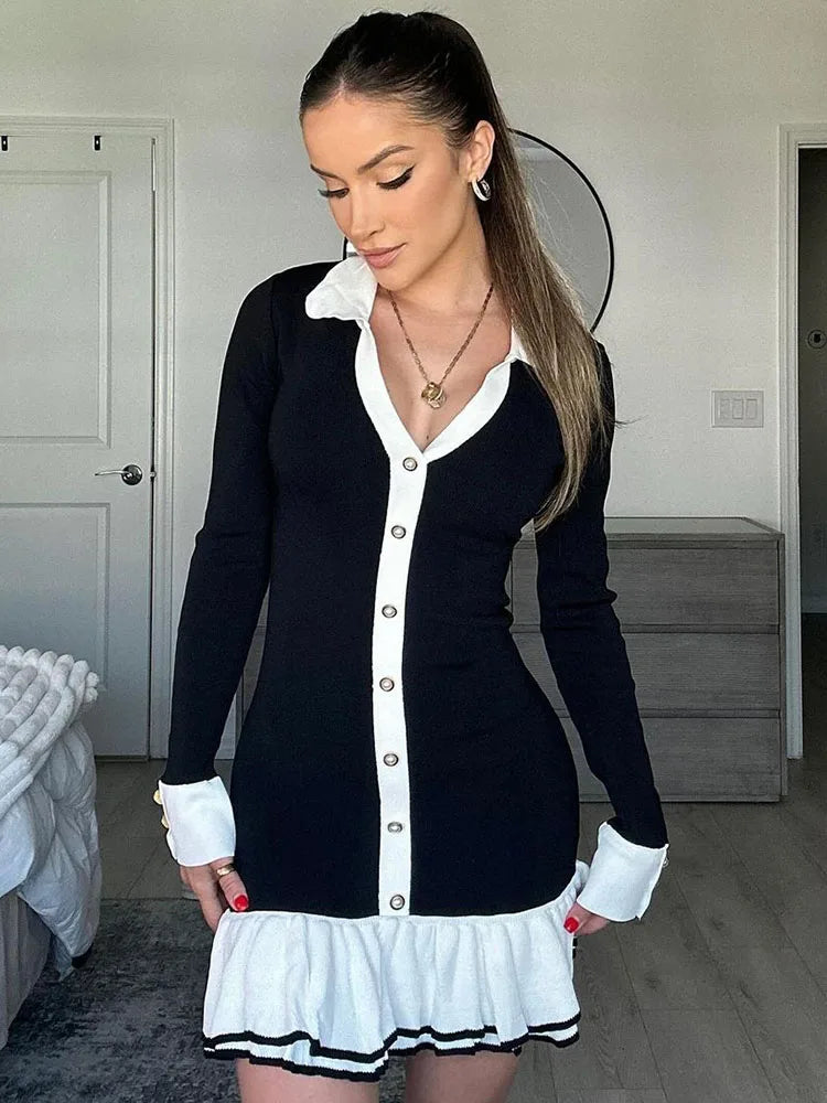 Ruffled Contrast Bow Open Back Lace-Up Knit Mini Dress Mssaz Desses