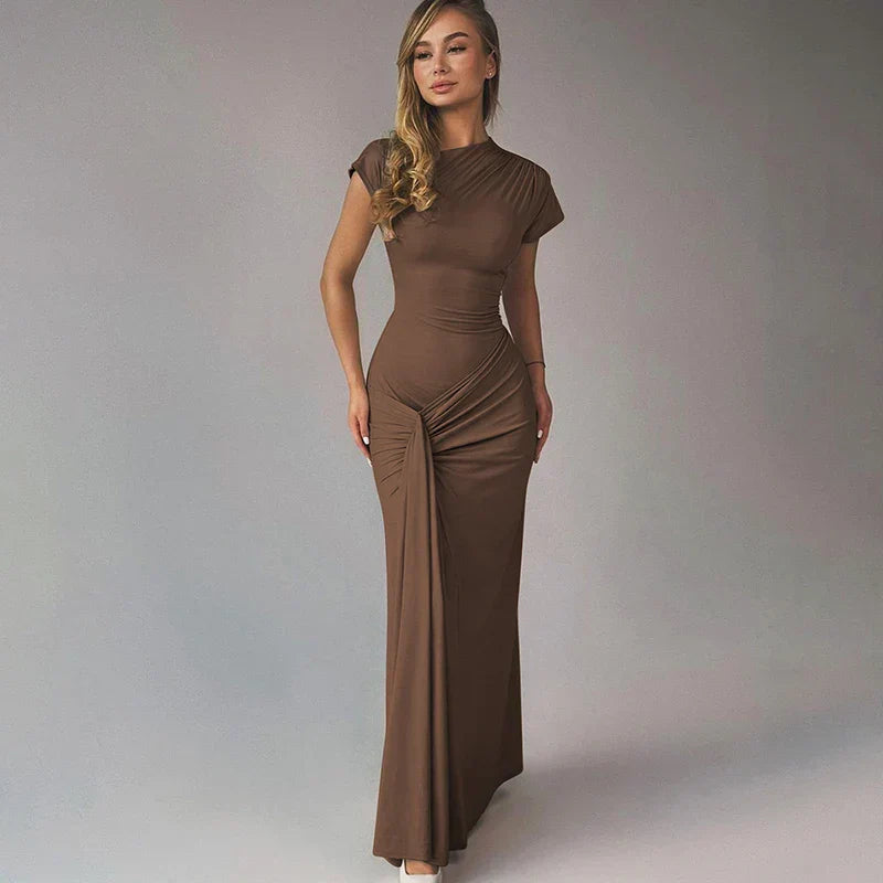 Short Sleeve Maxi Dress Curvy Silhouette & Flattering Tie-Up Mssaz Desses