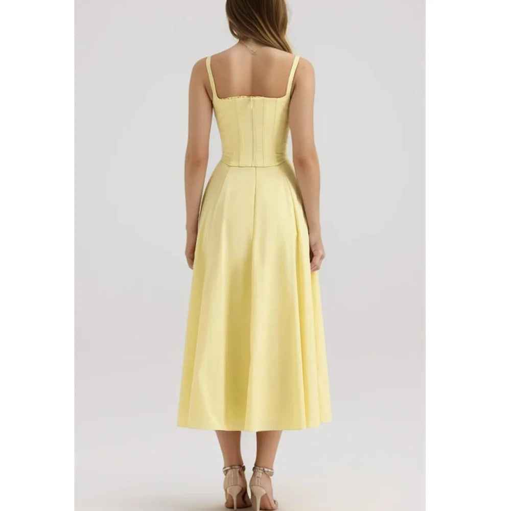 Yellow Slit Midi Dress and Cross Lacing up Top Set Mssaz Desses