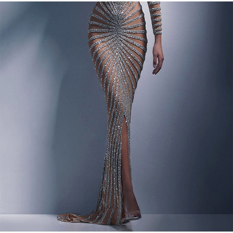Mesh Sequins Split Fishtail V Neck Long Sleeve Maxi Dress Mssaz Desses