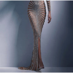 Mesh Sequins Split Fishtail V Neck Long Sleeve Maxi Dress Mssaz Desses