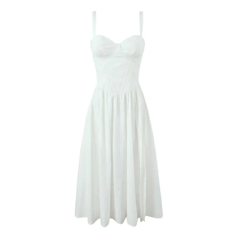 Wire Corset Style Low Waist White Midi Dress Mssaz Desses