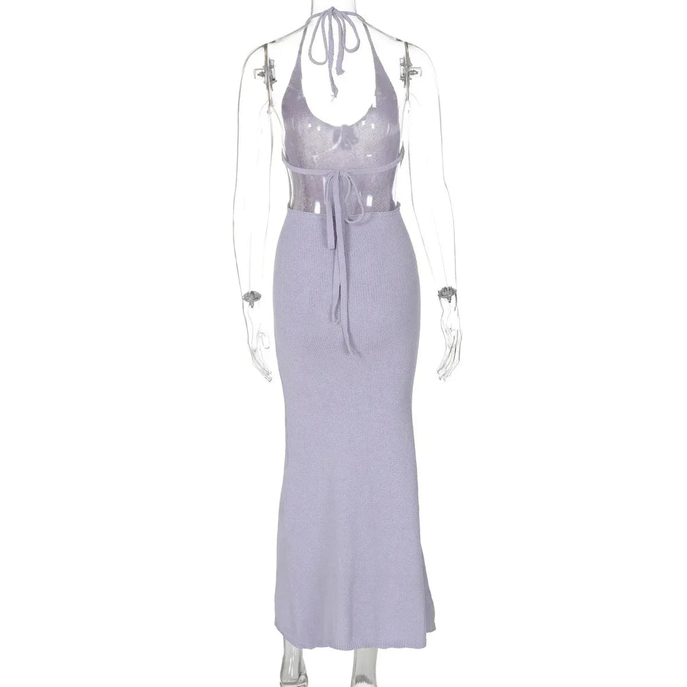 Floral Knit Hollow Out Lace-Up Maxi Dress Mssaz Desses