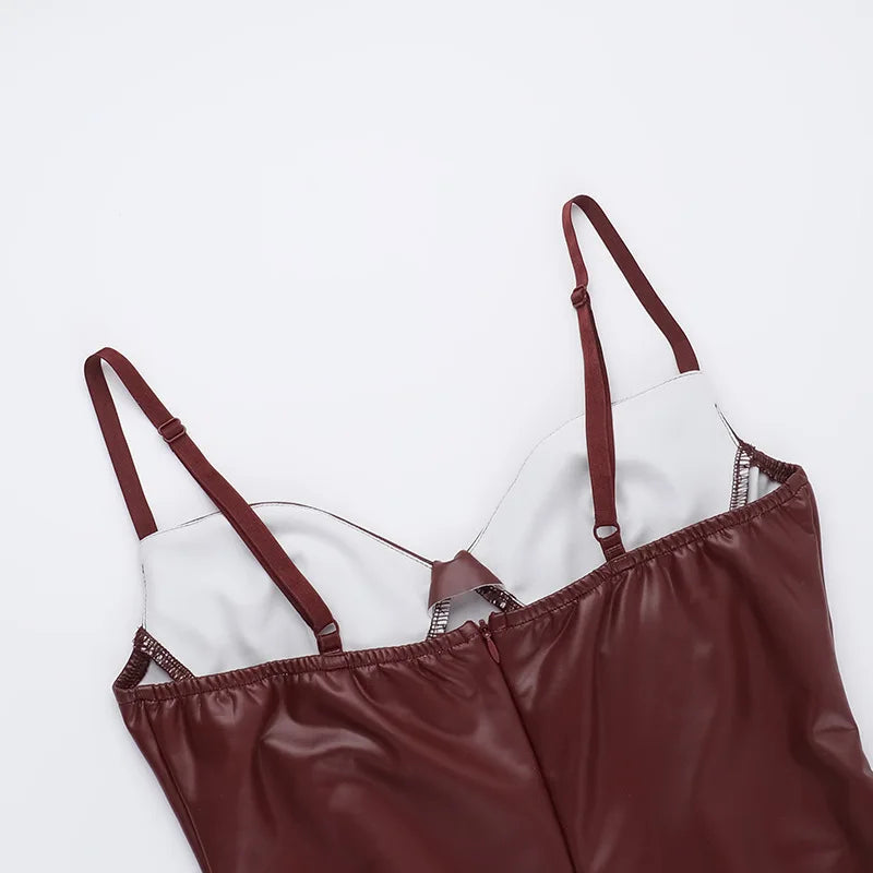 Solid PU Leather Splicing Strap Dress Mssaz Desses
