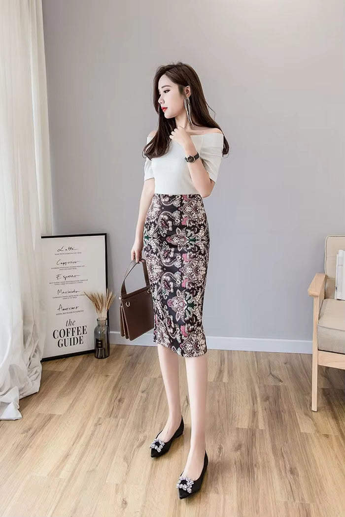 Printed Split High Waist Zipper Bag Hip Casual Commuter Skirt Mssza