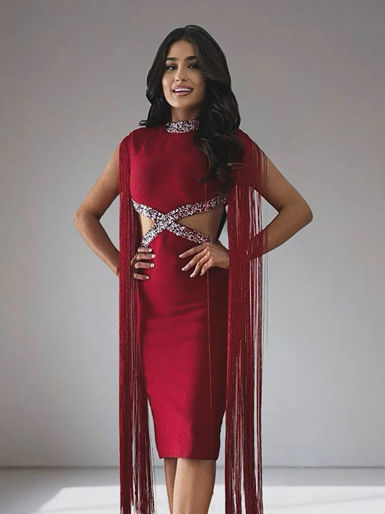 Fringe Sleeve Tassel Sequined Midi Dress Mssaz Desses