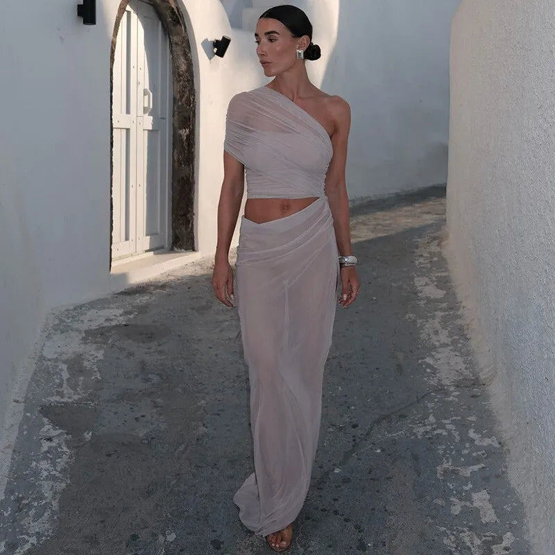 Mesh Backless One-Shoulder Long Dress Mssaz Desses