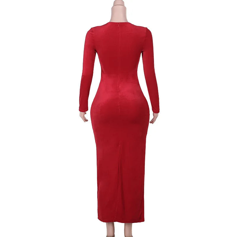 Red Long Sleeve Side Slit Dress Mssaz Desses