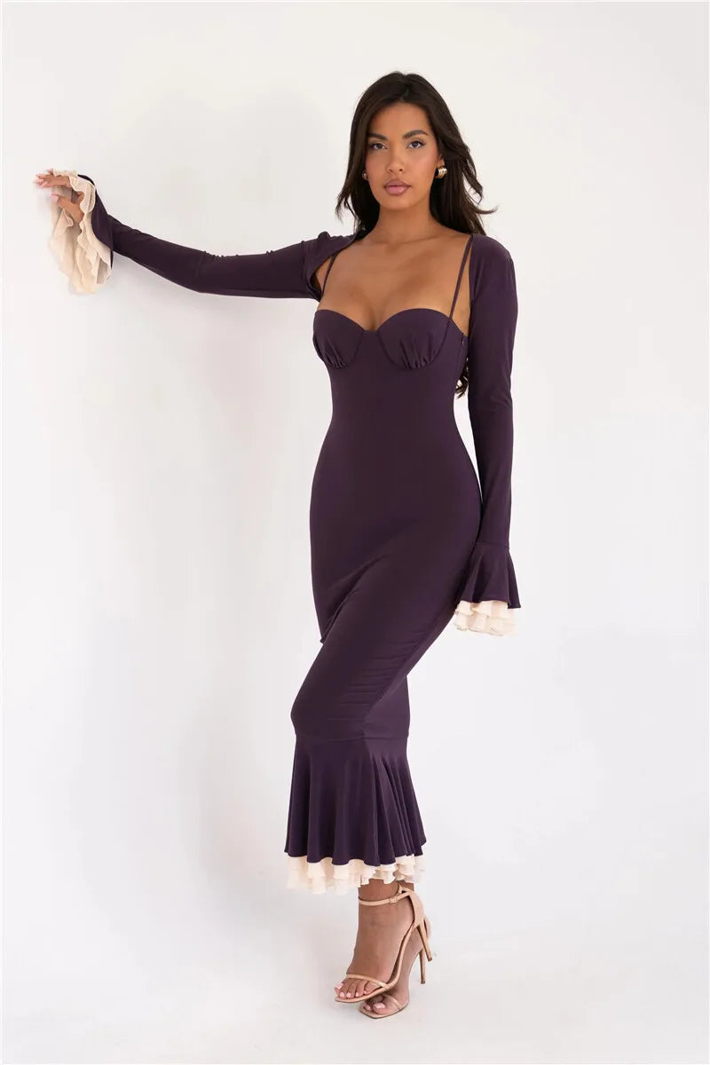 Patchwork Square Collar Evening Fishtail Dress Mssaz Desses