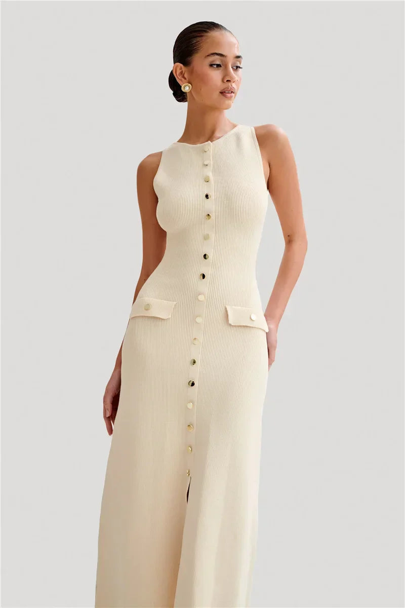 Knit Maxi Dress with Pockets Button-Front Mssaz Desses