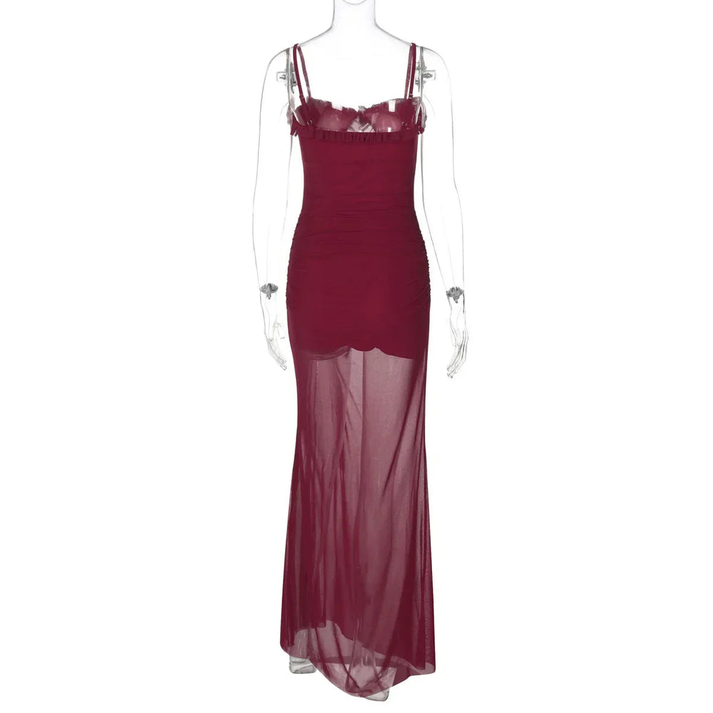 Mesh Patchwork Hollow Out Ruffled Long Dress Mssaz Desses