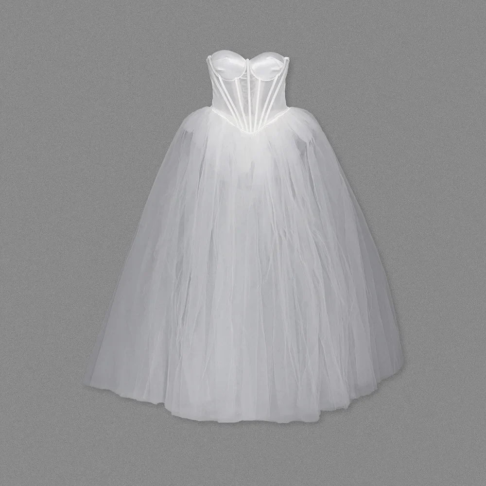 Strapless Mesh White A Line Maxi Long Dress Mssaz Desses