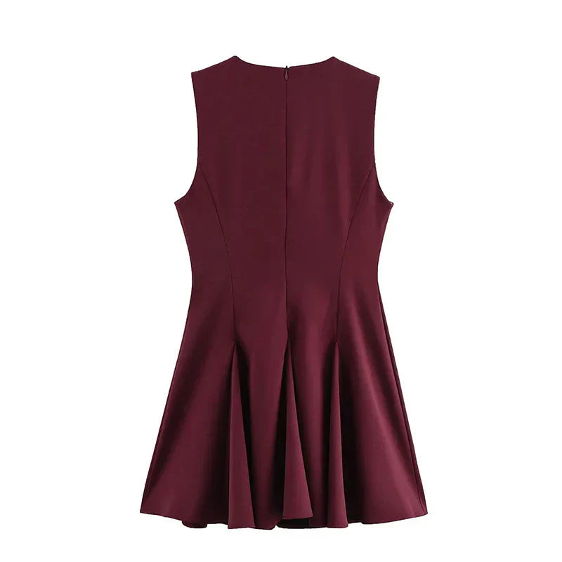 Hollow Out Bow Solid Sleeveless Pleated Dress Mssaz Desses