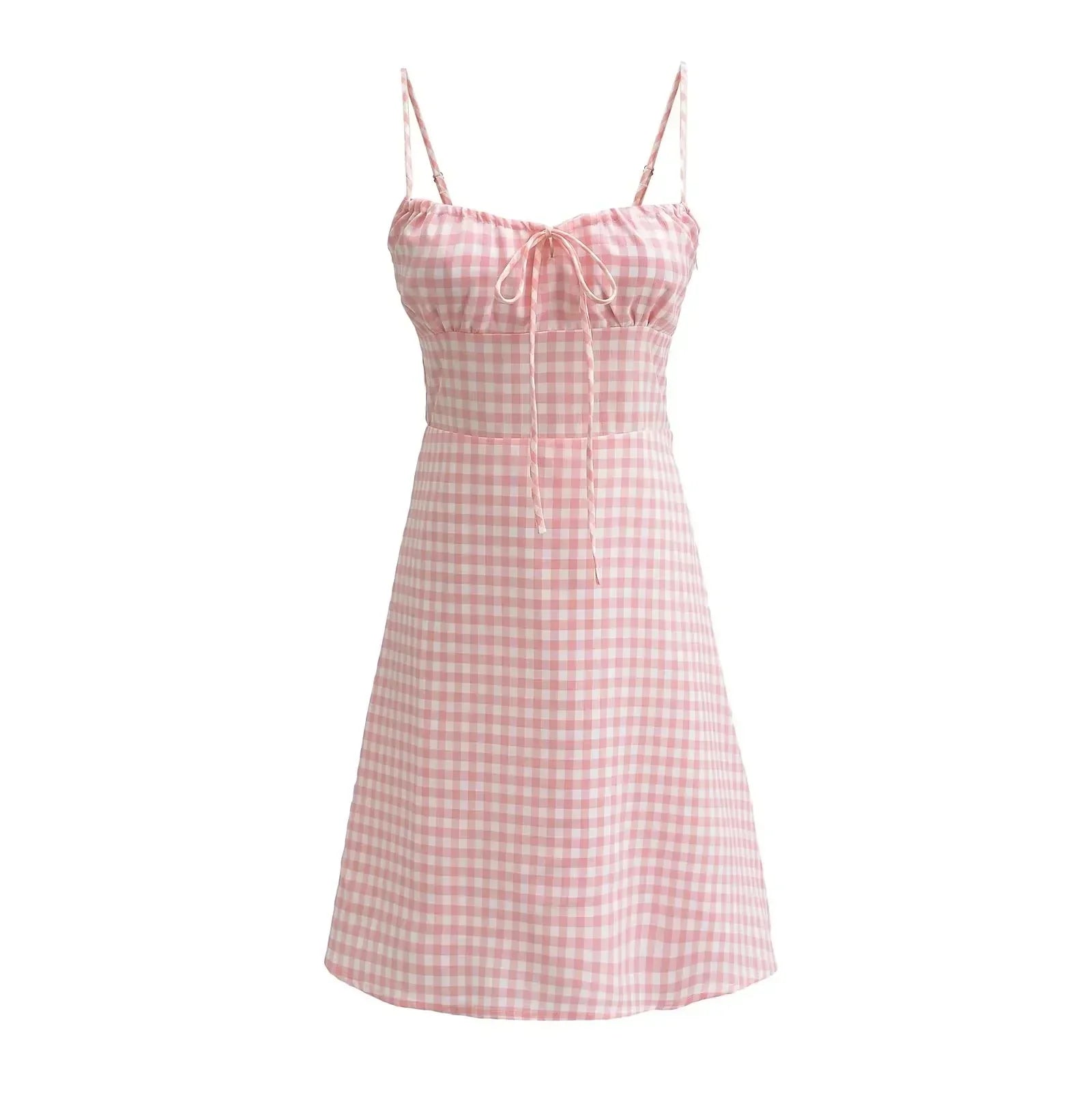 Spaghetti Strap Tie Up Plaid Pink Midi Dress Mssaz Desses