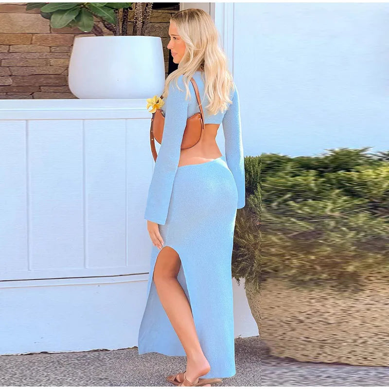 Knitted Hollow Out Solid O-neck Slit Maxi Dress Mssaz Desses