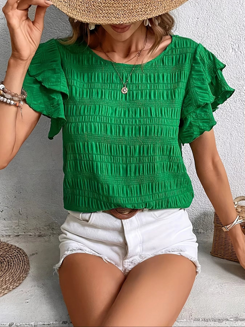 Vintage Butterfly Sleeve O Neck  Casual Elegant Solid Shirt Mssza