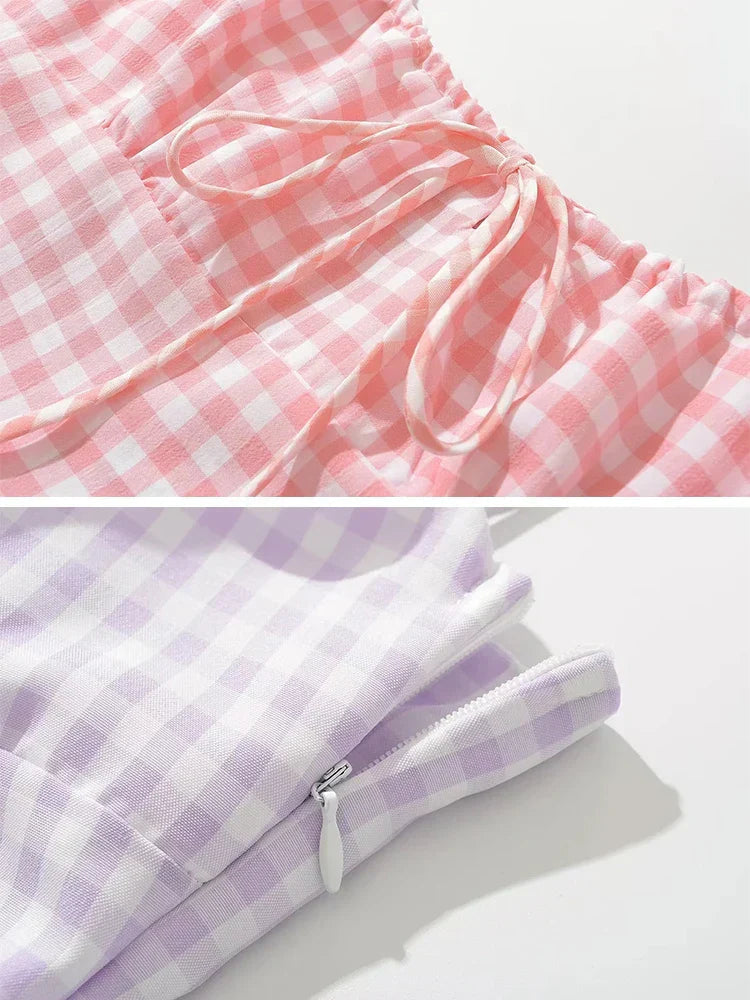 Spaghetti Strap Tie Up Plaid Pink Midi Dress Mssaz Desses