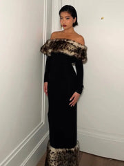 Leopard Print Fluff Splicing Maxi Dress Mssaz Desses