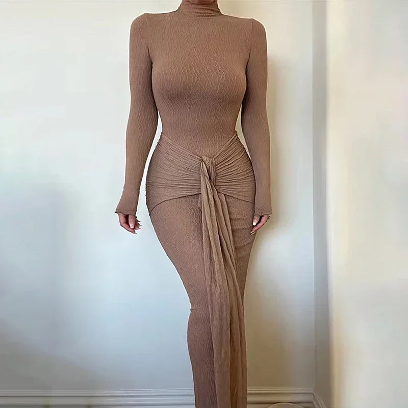 Long Sleeve Drape Turtleneck Maxi Dress Mssaz Desses