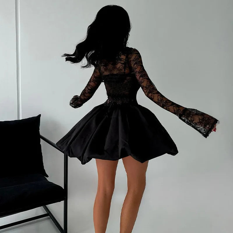 Black Lace Long Sleeve Flare Mini Dress Mssaz Desses
