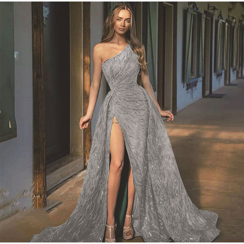 Sequin Off Shoulder High Split Inclined Shoulder Dress Mssaz Desses