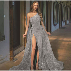Sequin Off Shoulder High Split Inclined Shoulder Dress Mssaz Desses