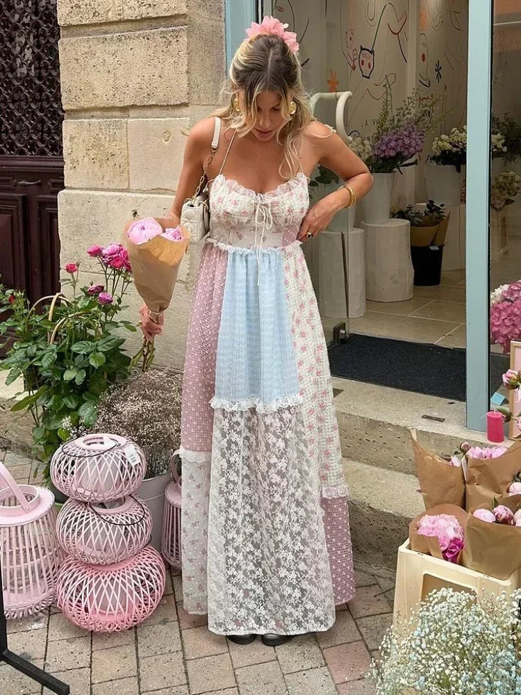Lace Patchwork Halter Maxi Dress Mssaz Desses