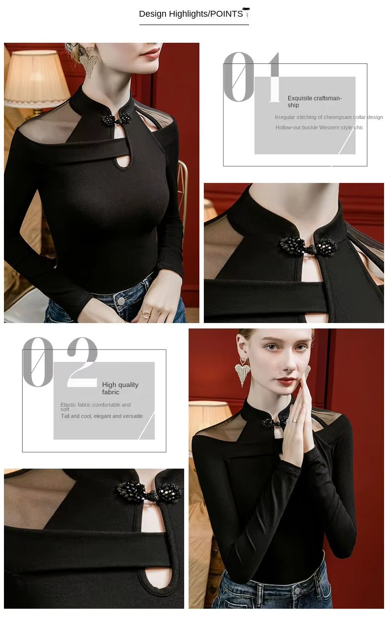 Vintage Irregular Mesh Long Sleeve Unique Qipao Base Collarbone Tops T-Shirt Mssza