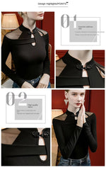 Vintage Irregular Mesh Long Sleeve Unique Qipao Base Collarbone Tops T-Shirt Mssza