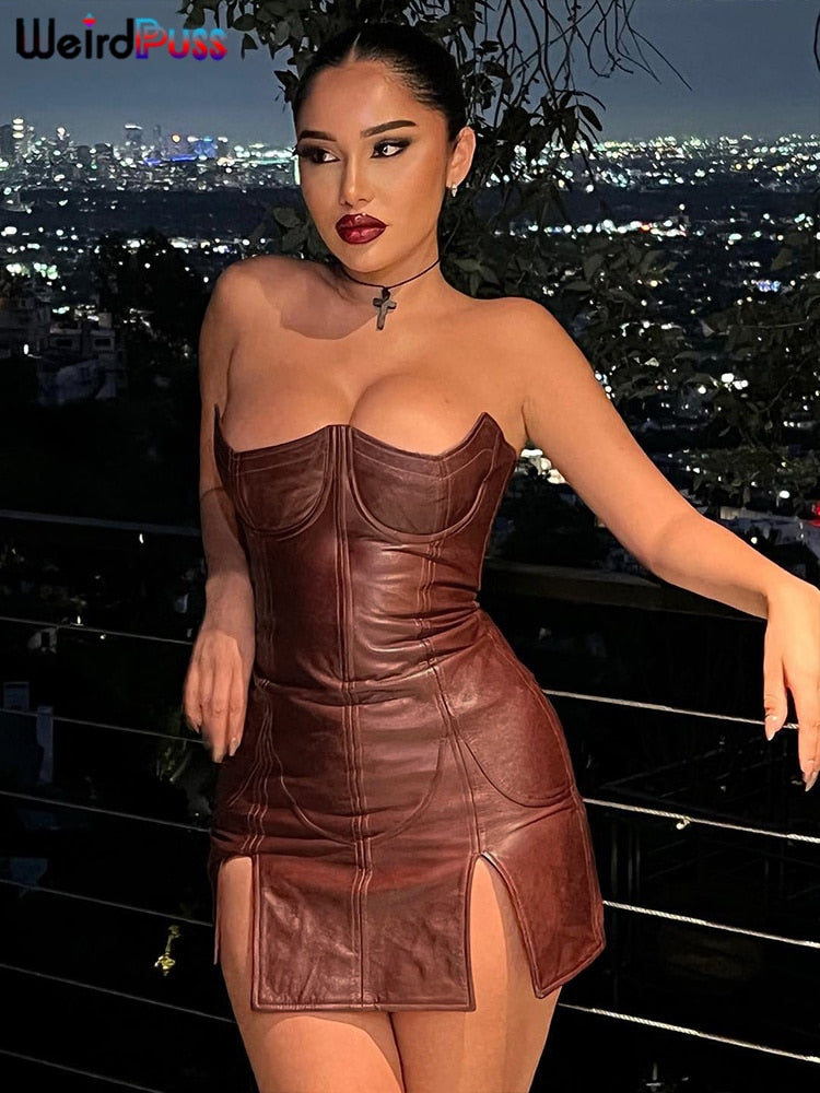 Weird Puss  Backless Dress Split Faux Leather Trend Skinny Solid Coquette Mssaz Desses