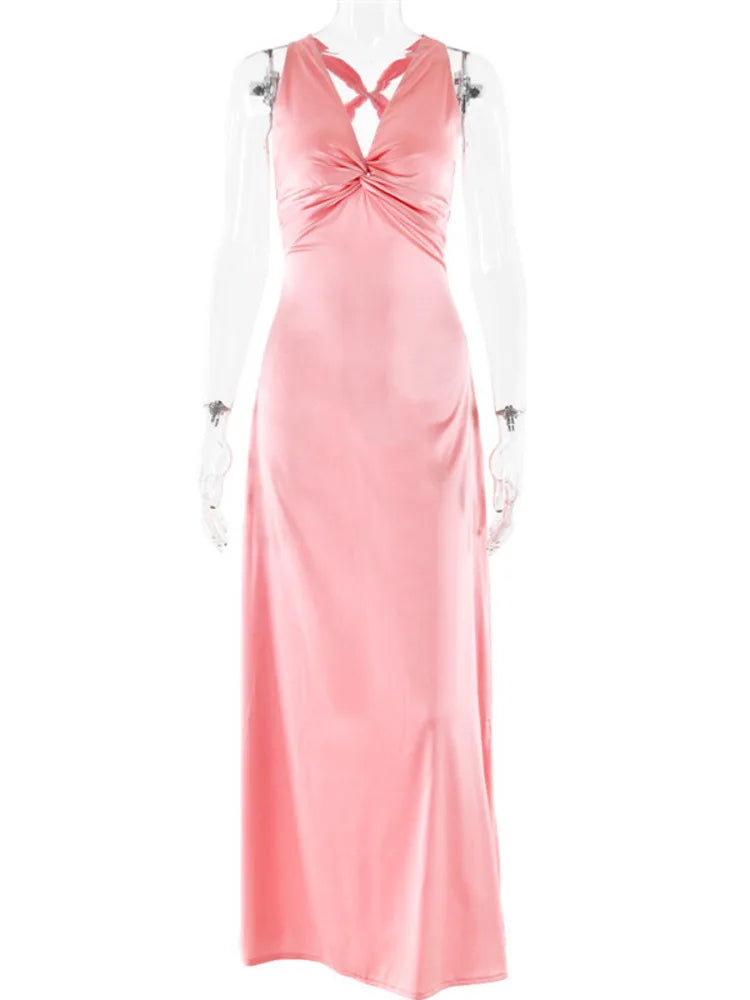 V Neck Sleeveless Satin Bow Backless Maxi Dress Mssaz Desses