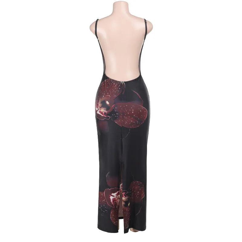 Printed Spaghetti Strap Backless Maxi Party Dress Mssaz Desses