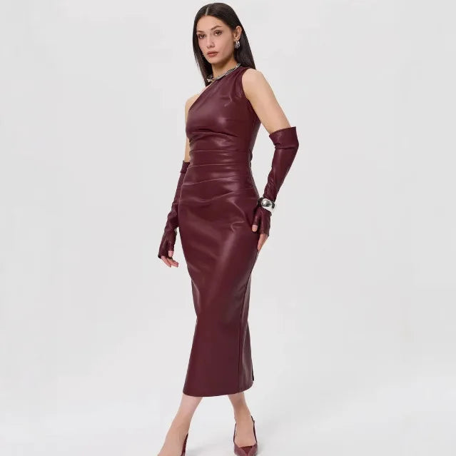Off-Shoulder Strapless Faux Leather Patchwork Dress Mssaz Desses
