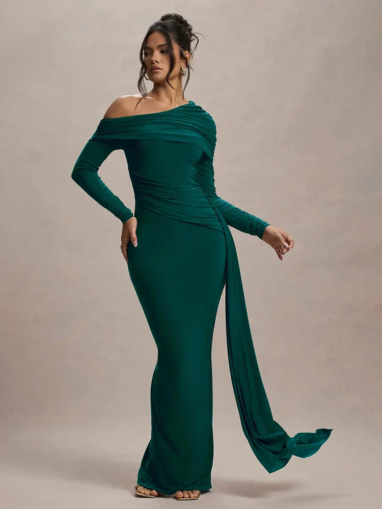 Skew Collar Long Sleeve Maxi Dress Mssaz Desses