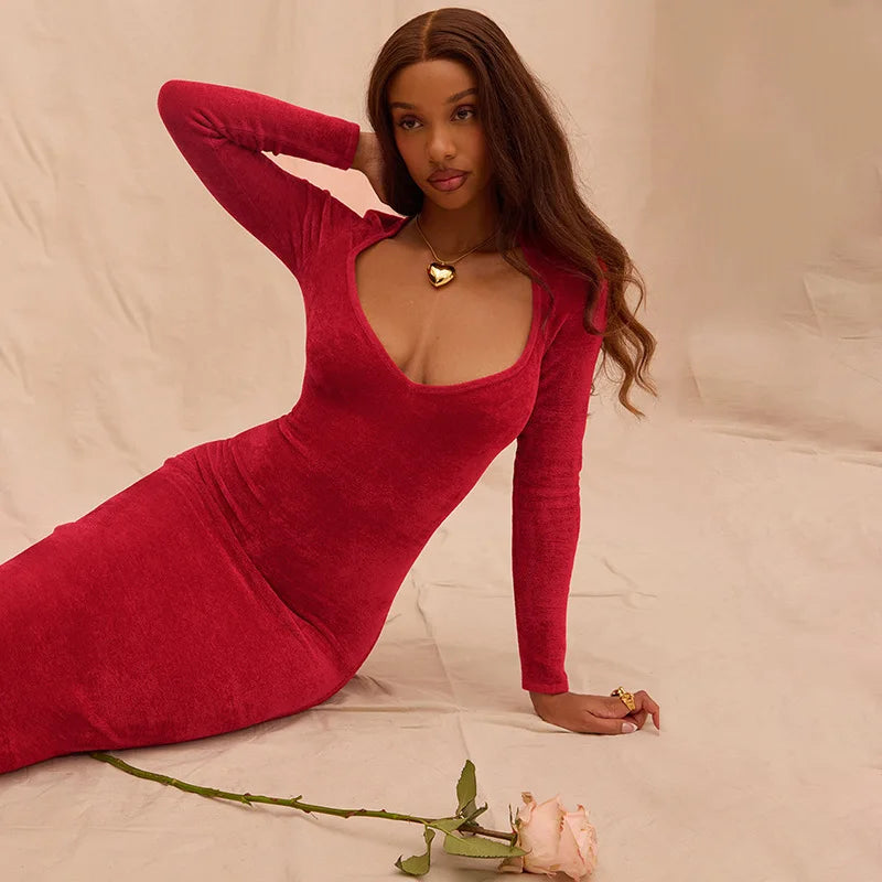 Red Long Sleeve Side Slit Dress Mssaz Desses