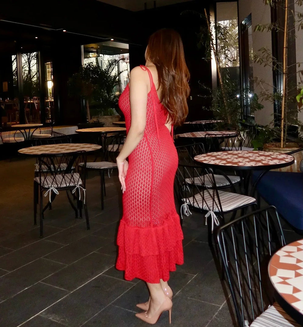 Crochet Maxi Dress with Ruffle Trim Mssaz Desses