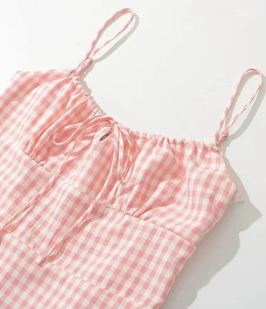 Spaghetti Strap Tie Up Plaid Pink Midi Dress Mssaz Desses