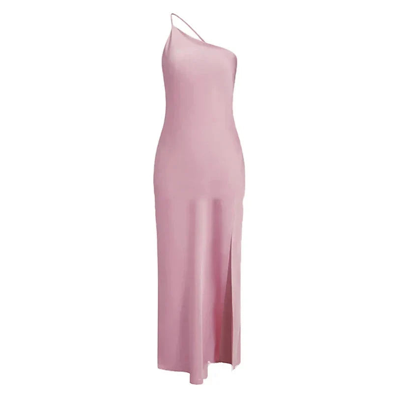 Backless Satin Slant Shoulder Solid Slit Long Dress Mssaz Desses