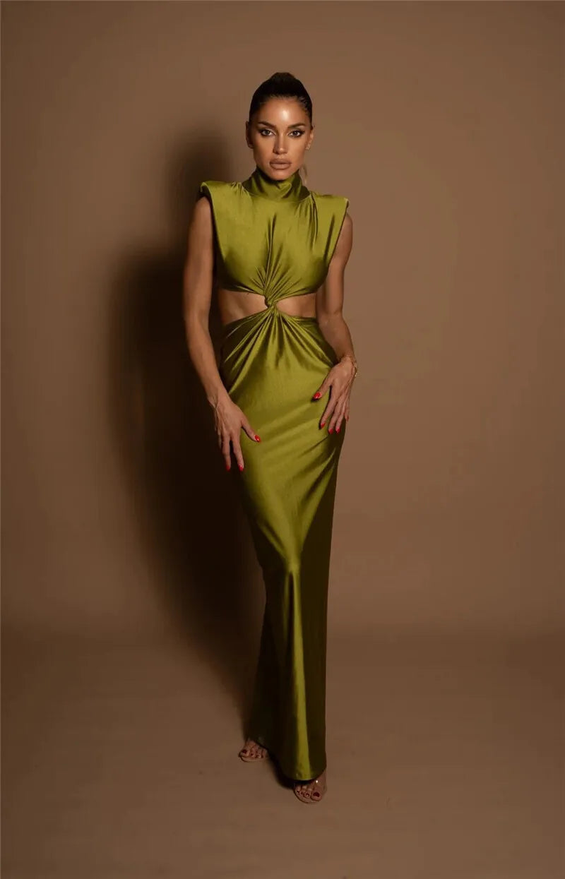 Hollow Out Turtleneck Solid Maxi Dress Mssaz Desses
