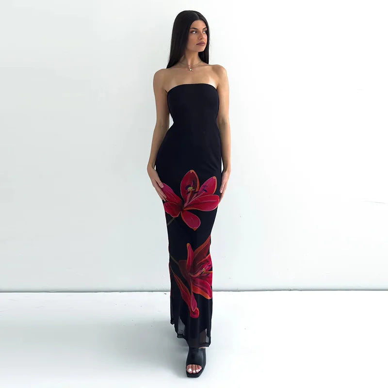 Black Tube Flower Print Back Tie Up Maxi Dress Mssaz Desses